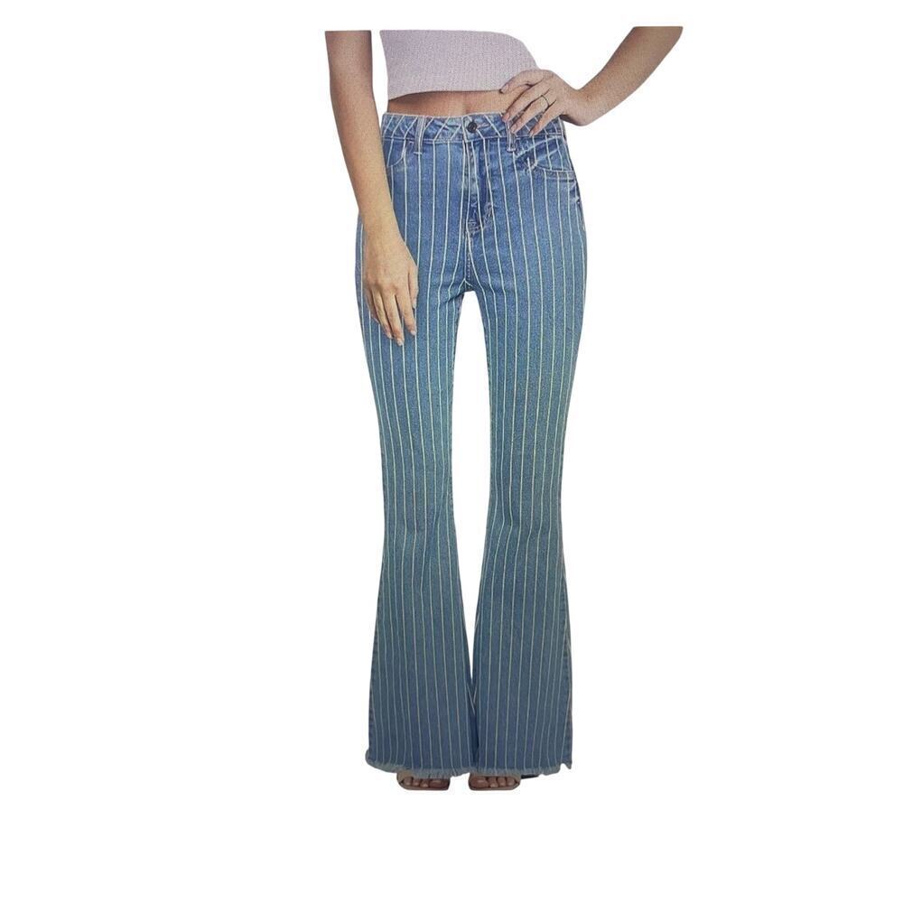 Cello Jeans Blue White Striped Flare High Rise Raw Hem Stretch Women's Size 4